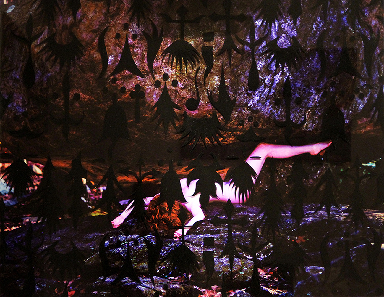 Weight of the World: A surreal collision of body, light, and symbolic abstraction, where hypnotic shadows and saturated colors transform the image into a living subconscious dream, inspired by the seductive mystery of an immersive gallery installations.